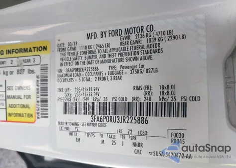 2018 Ford Fusion Hybrid Titanium из США, поврежденный, VIN 3FA6P0RU3JR225886
